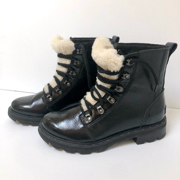 Women’s Sorel Lennox Cozy Sherpa Lace Black Patent Leather Chunky Boots US 7 - Picture 3 of 12